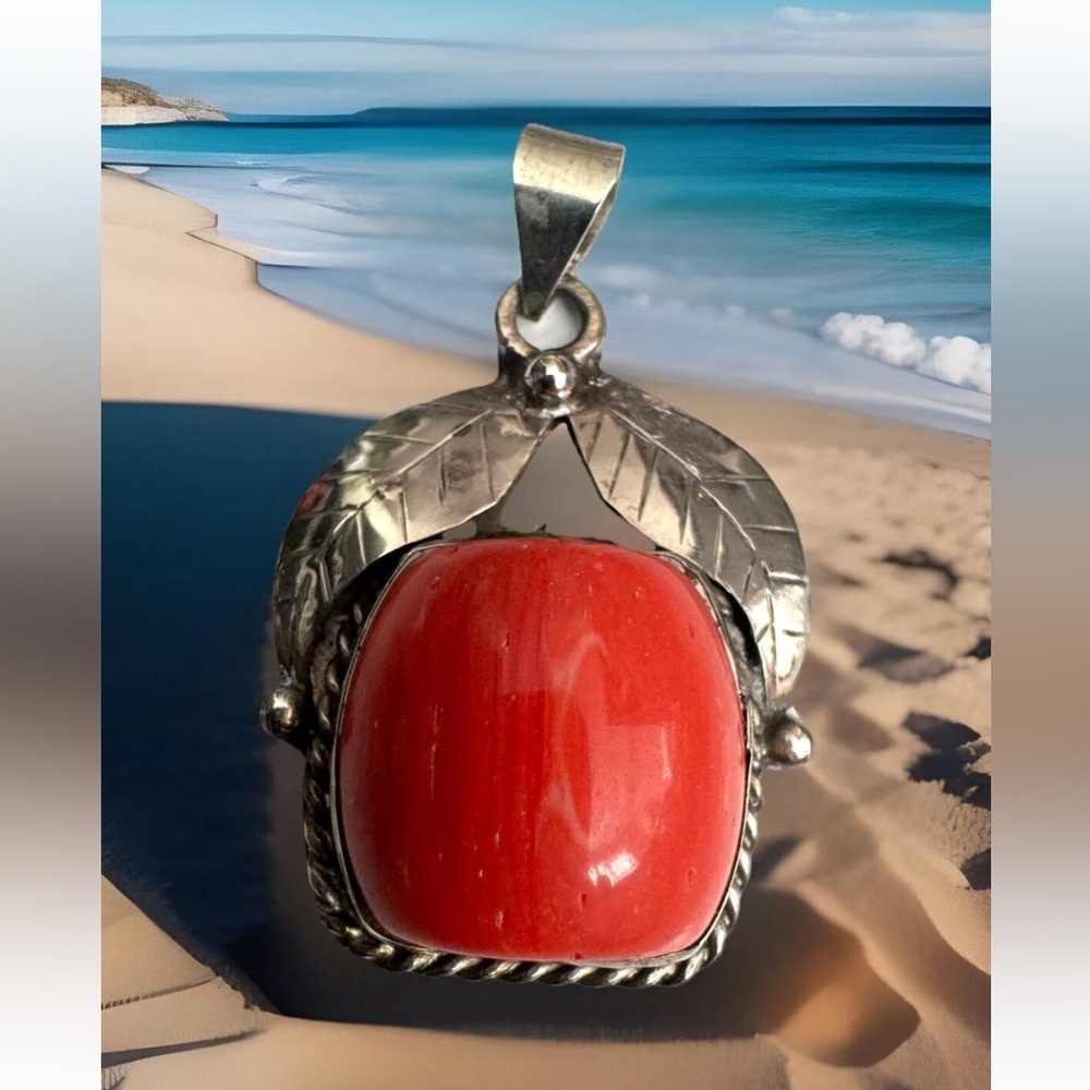 Stunning handmade leaf and fruit theme with Coral & Tibetan silver pendant 2inch